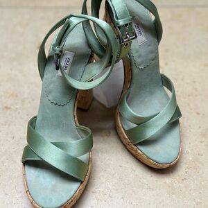 Prada Mint Green Satin Cork Platform Sandals